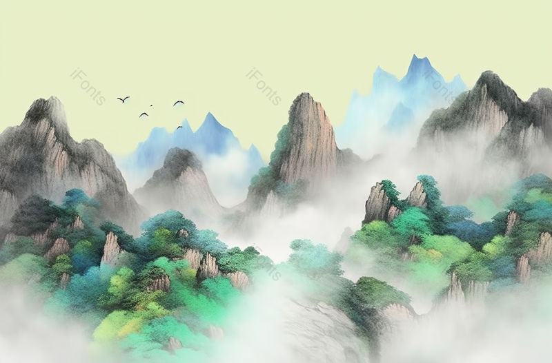 中国古风青绿山水画云雾缭绕飞鸟飞过的山峰石块绿木,插画/手绘图,插画/手绘图库,插画/手绘图下载,插画/手绘